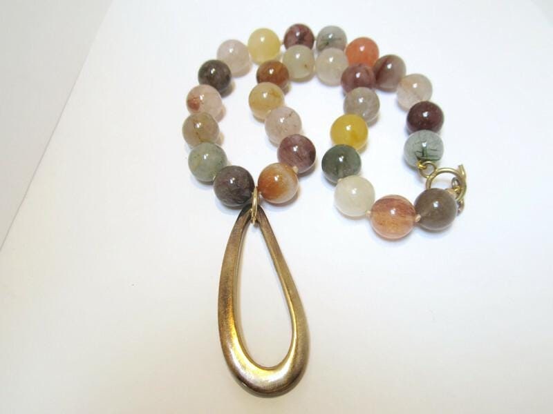 Vintage Beaded Natural Stone Agate Beads, Sterling Silver Pendant Necklace.