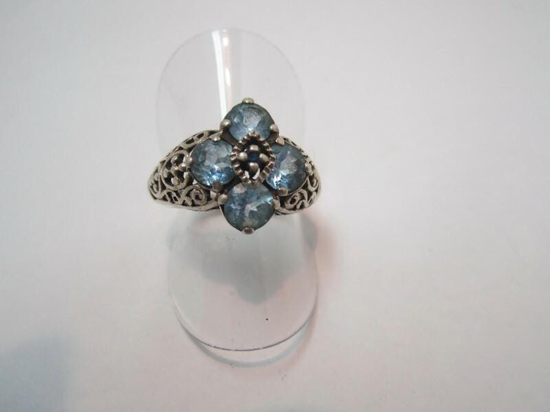 Vintage Blue Topaz Sapphire Ring: Floral Sterling Silver 925, Size 7.5