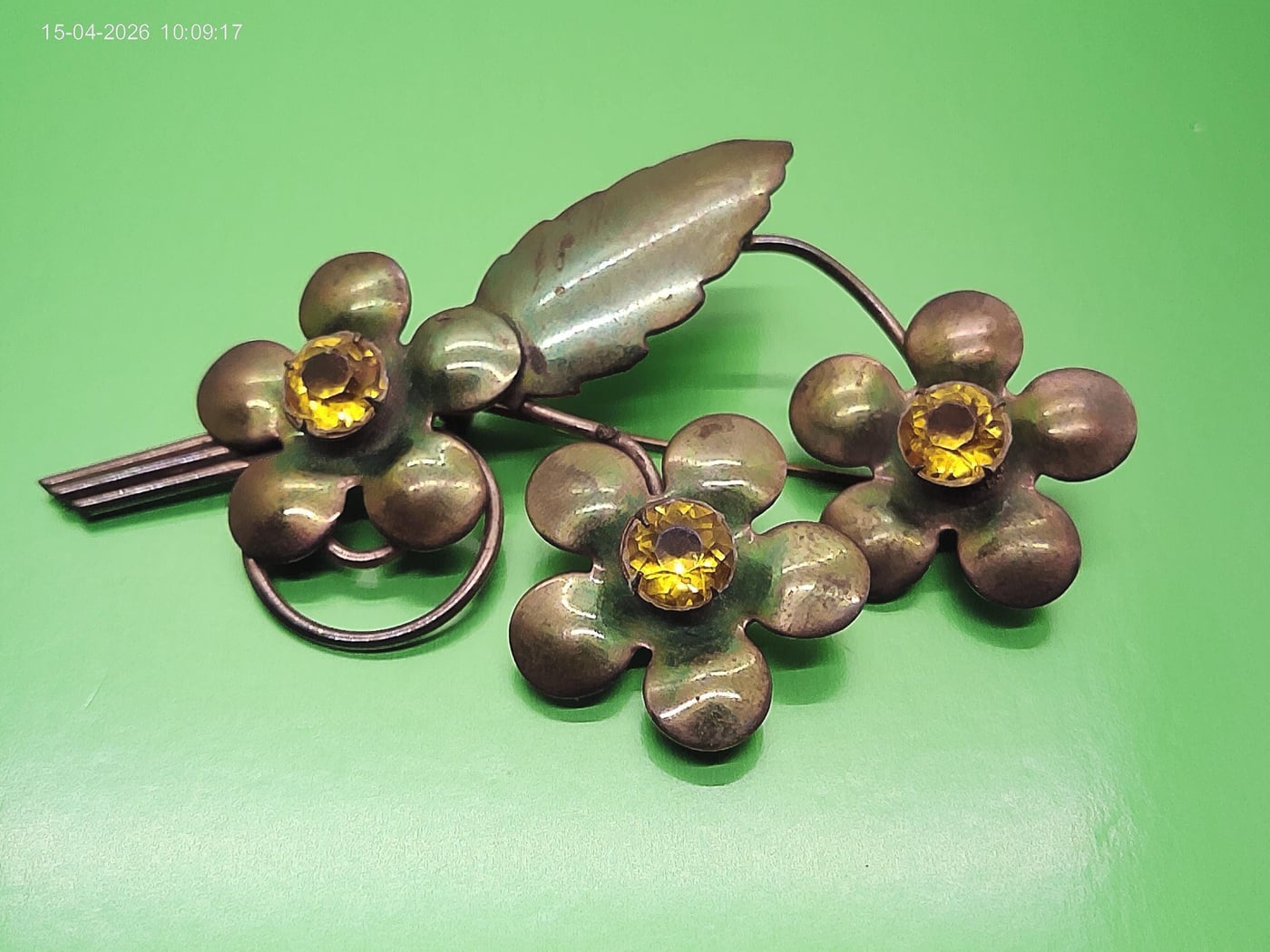 Vintage Brass Floral Brooch with Crystal Accents, 1940's Era.