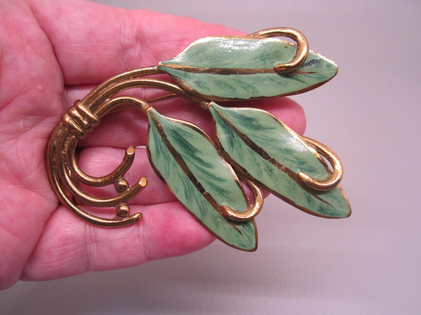 Vintage Brass Vermeil Green Enamel Leaf Brooch: Mid Century Modern