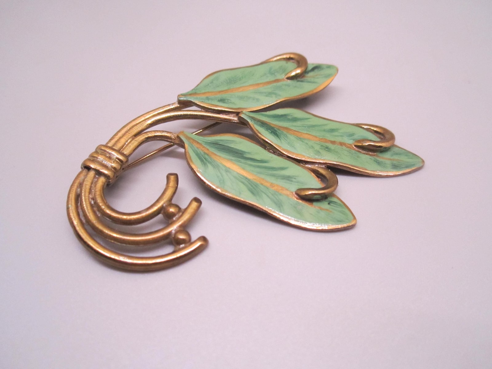 Vintage Brass Vermeil Green Enamel Leaf Brooch: Mid Century Modern