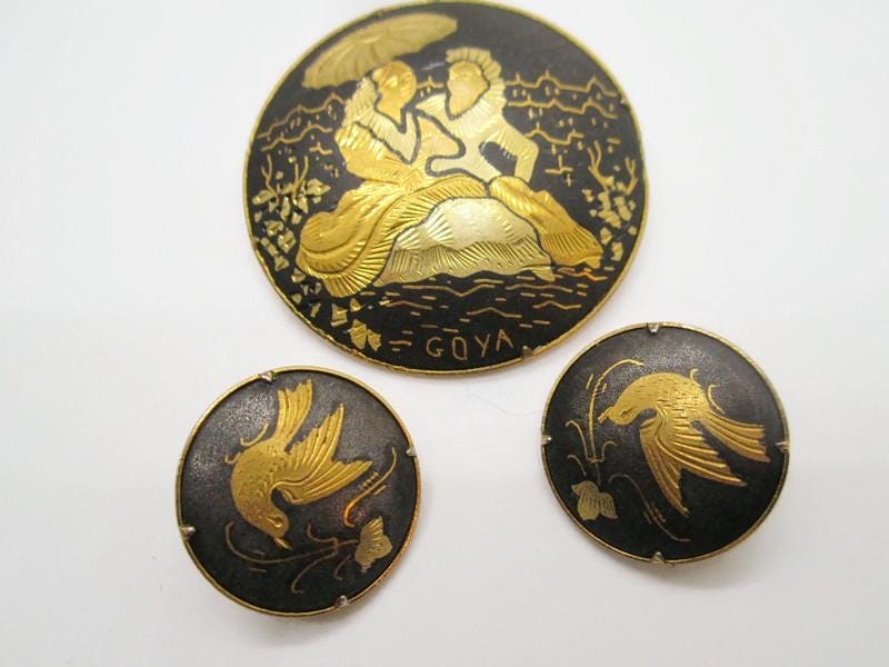 Vintage Brooch and Earrings Set, Spanish Damascene, Goya Inspired.