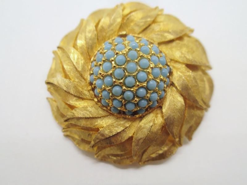Vintage Brooch Swirl Pattern with Turquoise Beads, MCM Era.