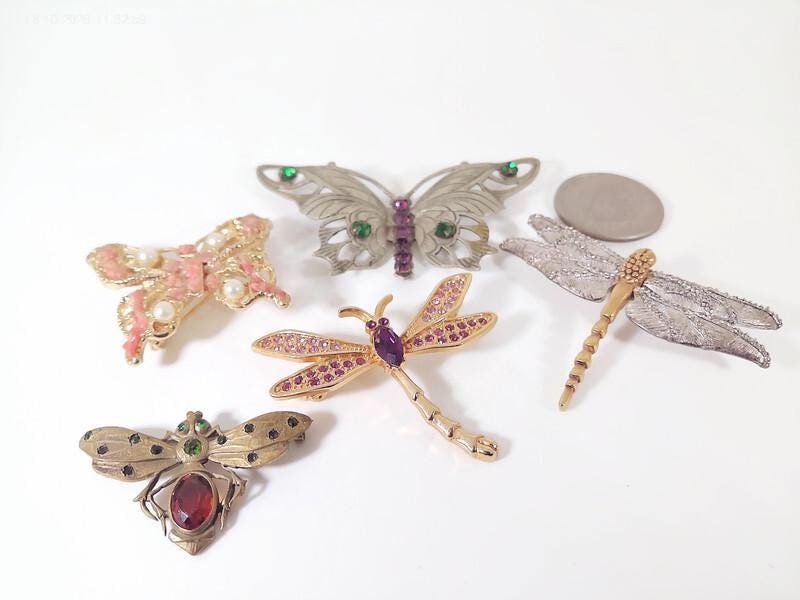 Vintage Brooches, Butterfly's Brooches, Dragon Flies and a Moth, Set of Five.