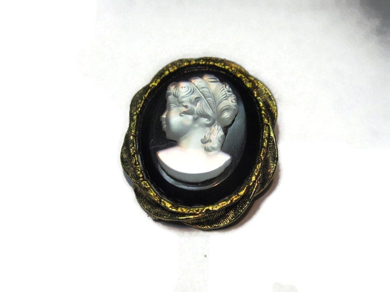 Vintage Cameo, Mother of Pearl Intaglio Victorian Revival -Left Facing Cameo Brass with Intricate Detail