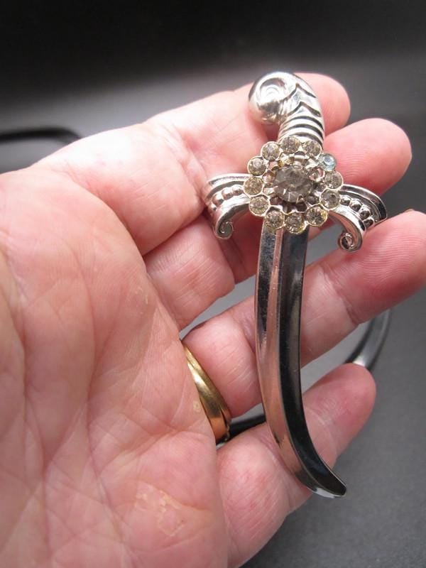 Vintage Coro Sword Brooch: Rhinestone Floral Center, Signed Designer Jewelry