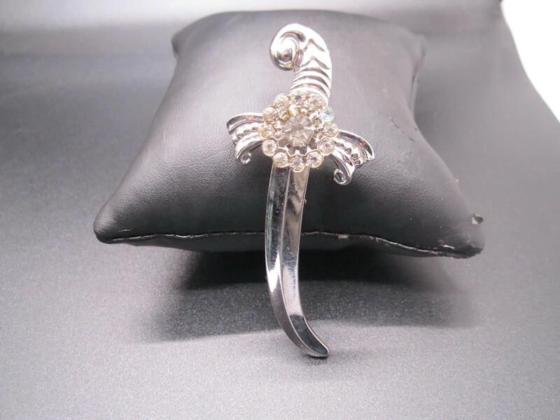 Vintage Coro Sword Brooch: Rhinestone Floral Center, Signed Designer Jewelry