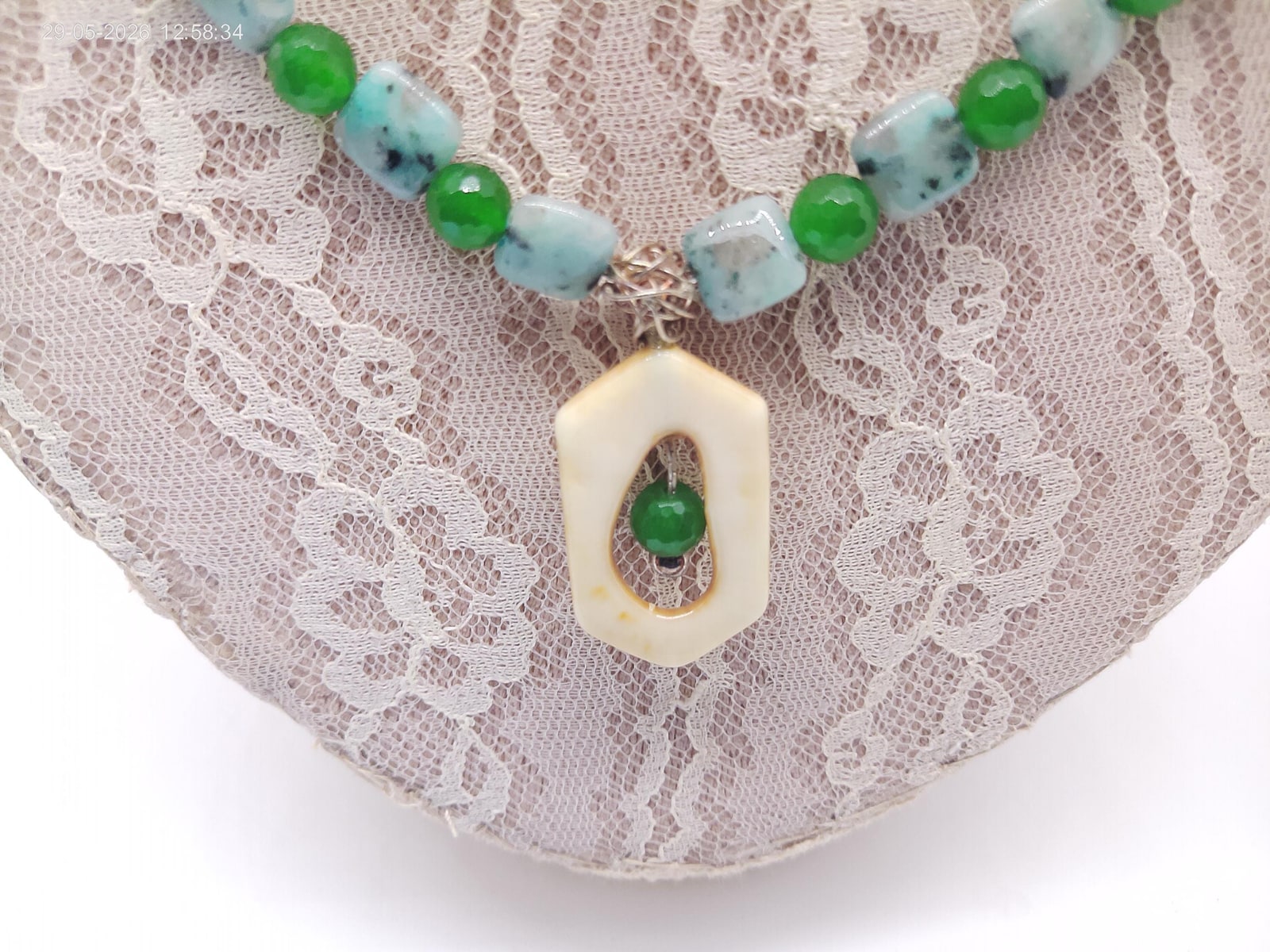 Vintage Emeralds and Opals Carved Bone Necklace and Earrings Set.