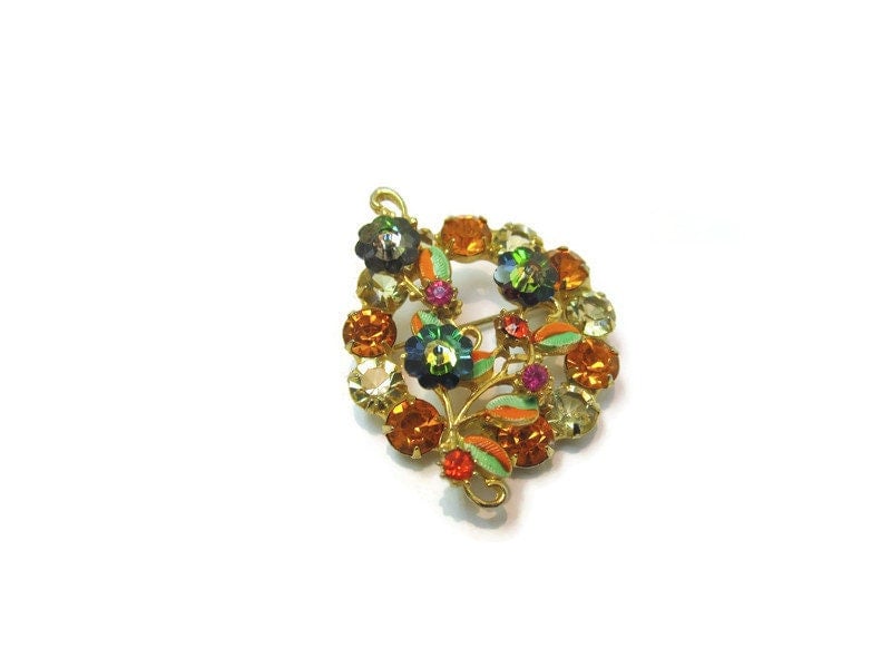 Vintage Enamel Leaf Brooch Pendant: 1960s Crystal Floral Pin