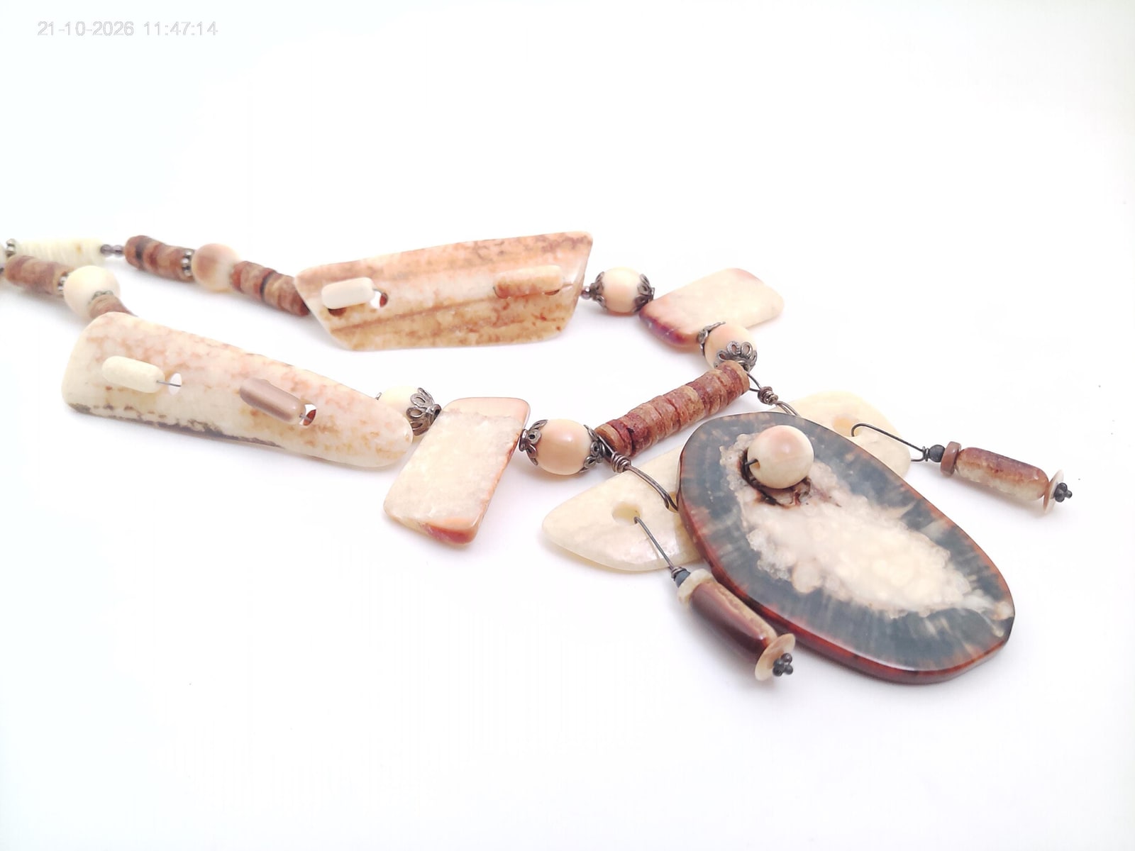 Vintage Fossilized Bone Necklace and Earrings Set, Alaskan Native Pieces.
