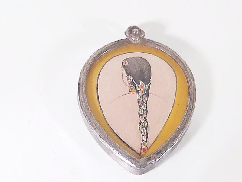 Vintage Indian woman, Hand painted on paper Pendant, Symbol of Beauty.