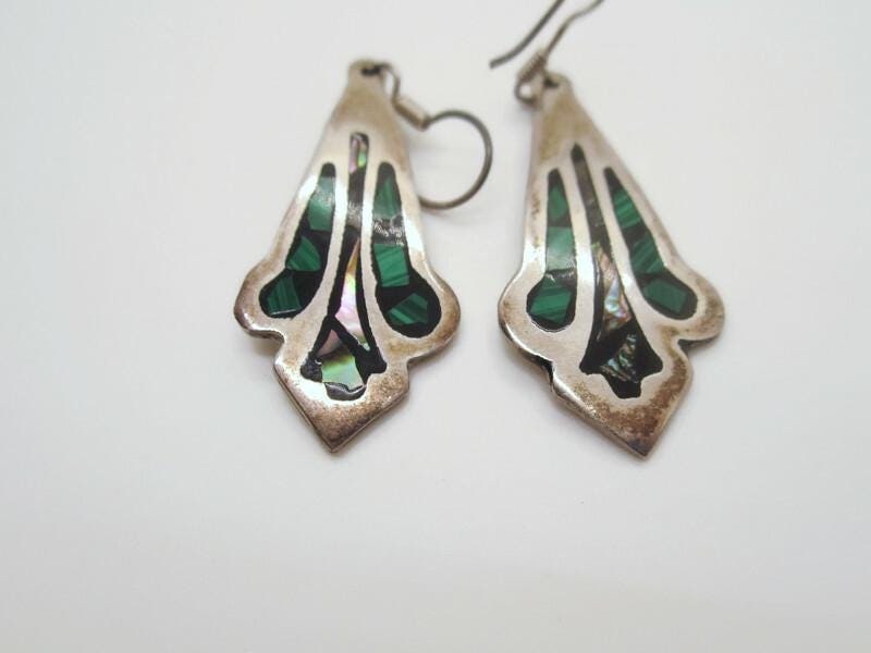Vintage Mexican Sterling Silver Dangle Earrings: Malachite Abalone Inlay
