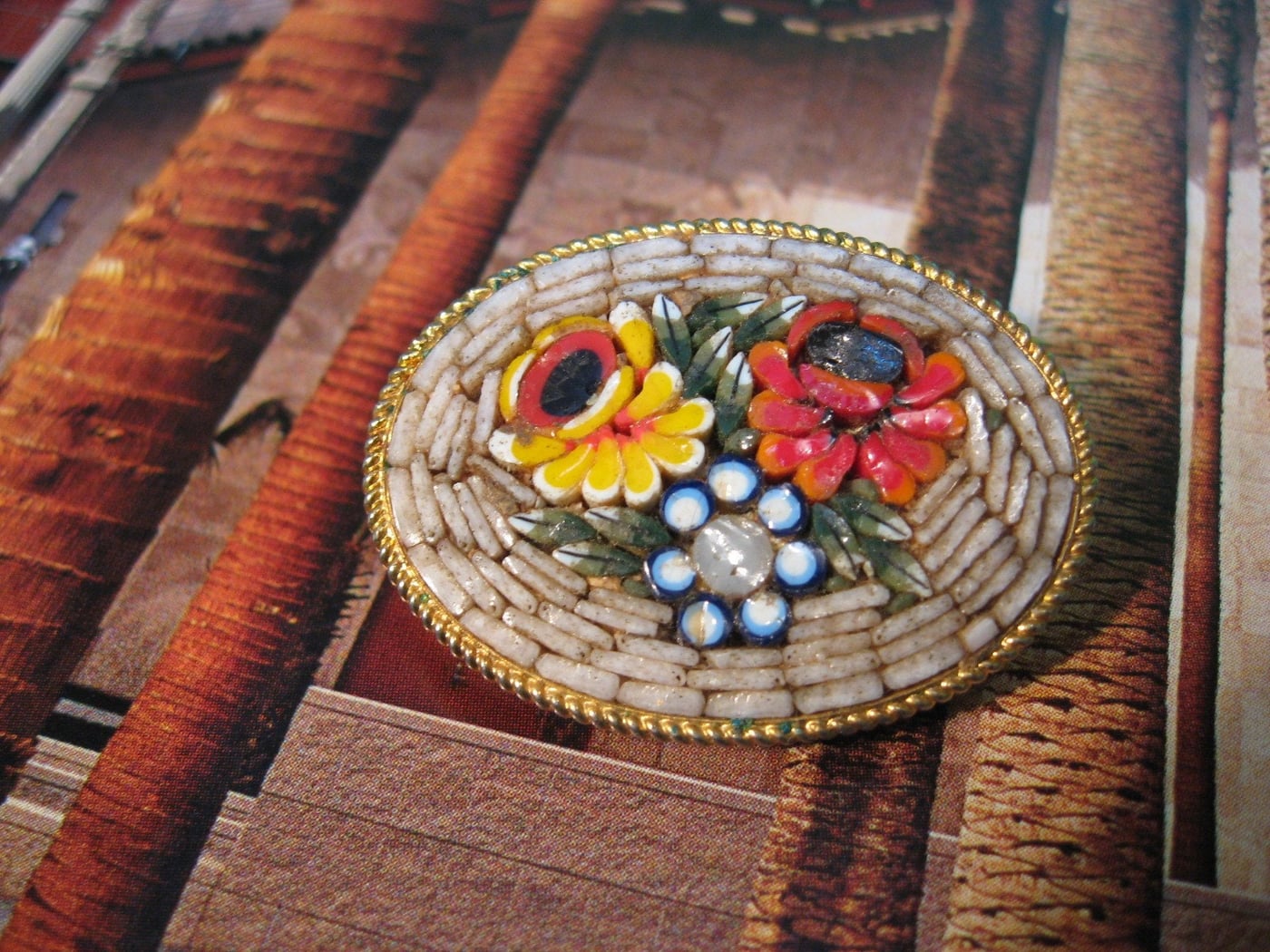 Vintage Mosaic Beaded Brooch: Italian Floral Design, Handcrafted Jewelry