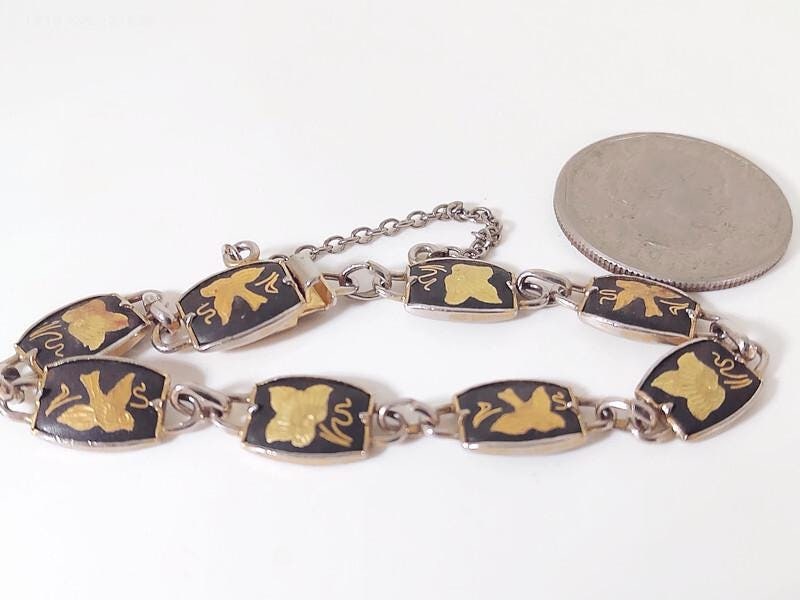 Vintage Spanish Toledo Damascene Bracelet, Flowers and Birds Motifs.
