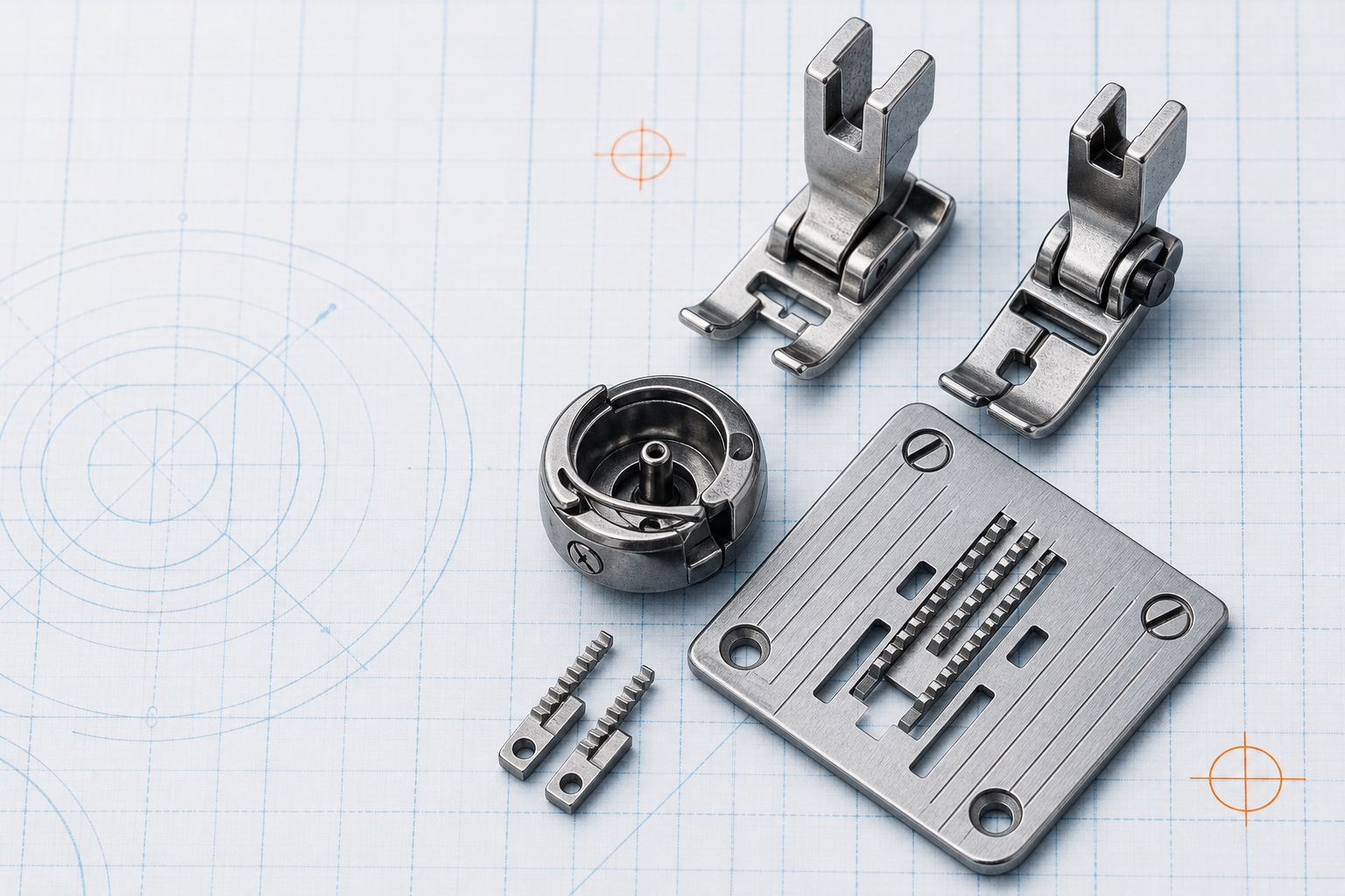 Sewing machine replacement parts arranged on a blue technical drawing