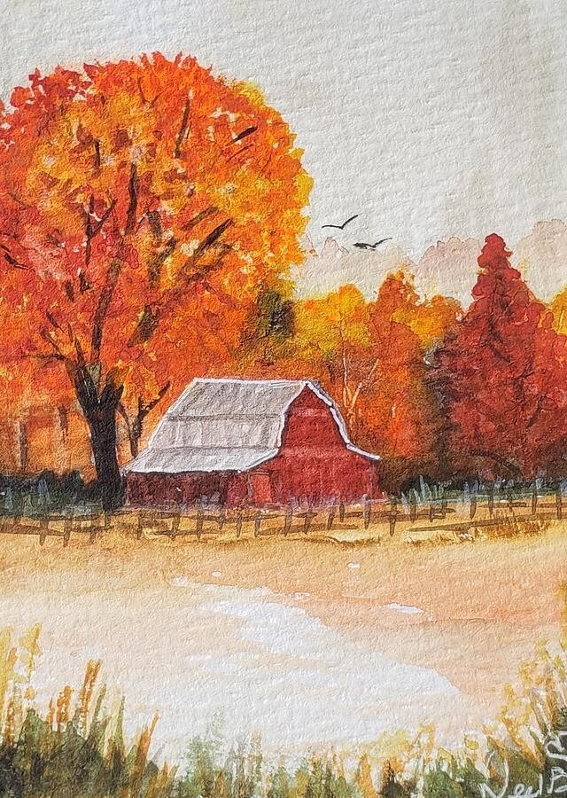 Autumn Farmscape with Red Barn, artwork by Deahn Benware
