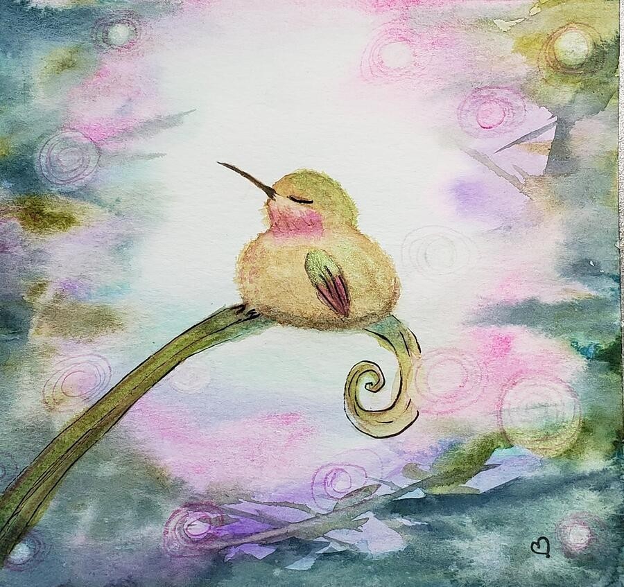 Baby Hummingbird resting, artwork by Deahn Benware