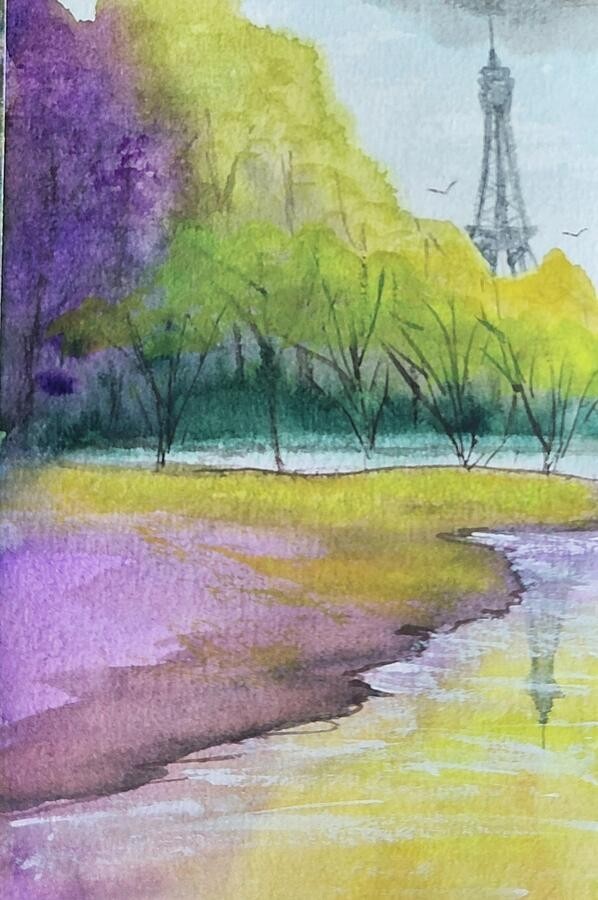 Eiffel Tower with Vibrant Landscape, artwork by Deahn Benware