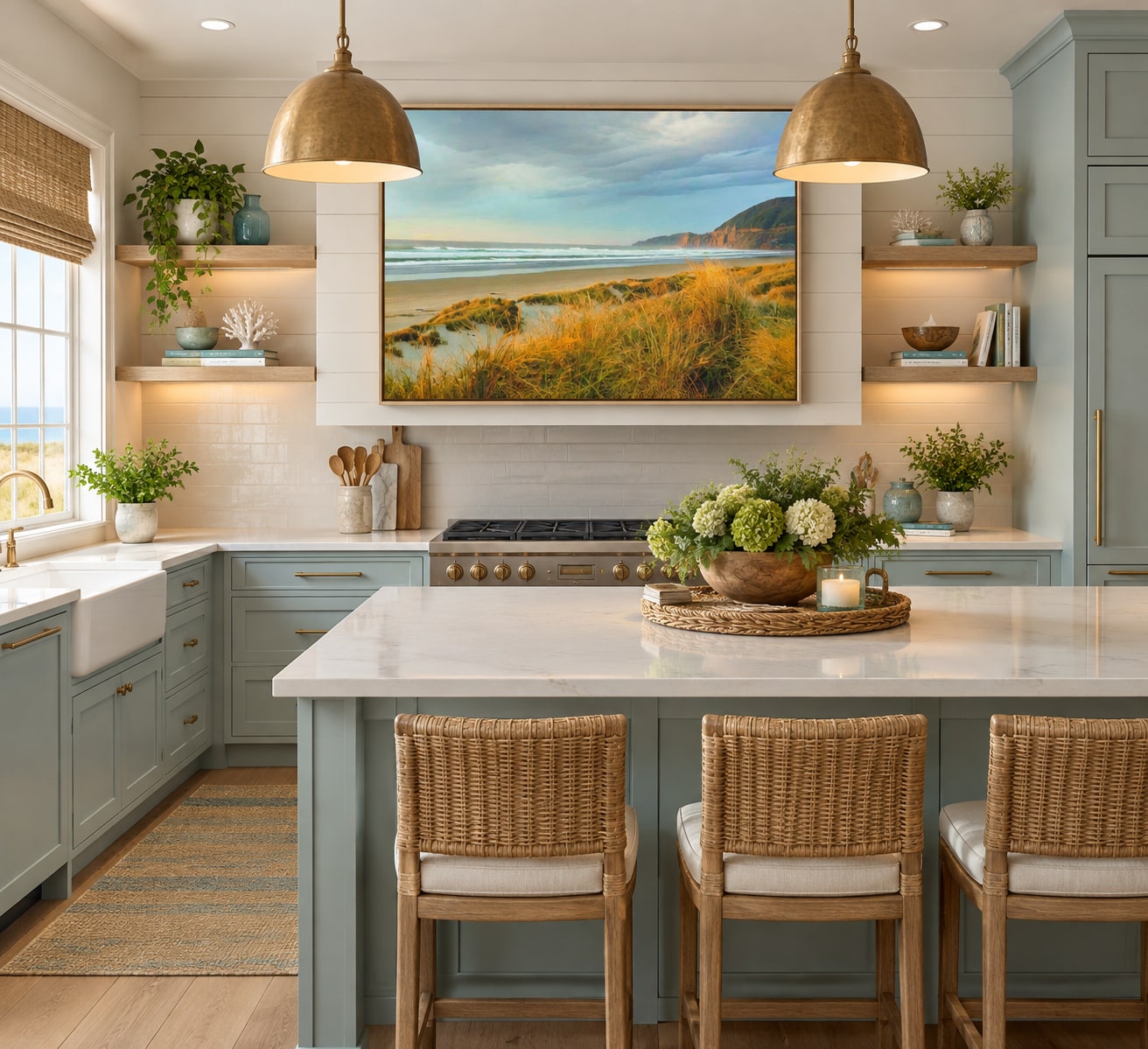 Beach landscape artwork displayed in a bright kitchen
