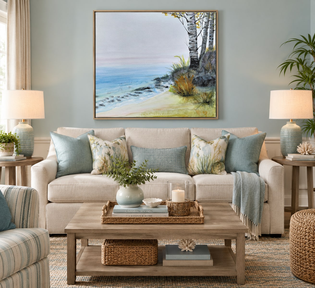 Birch landscape artwork above a light-filled living room sofa