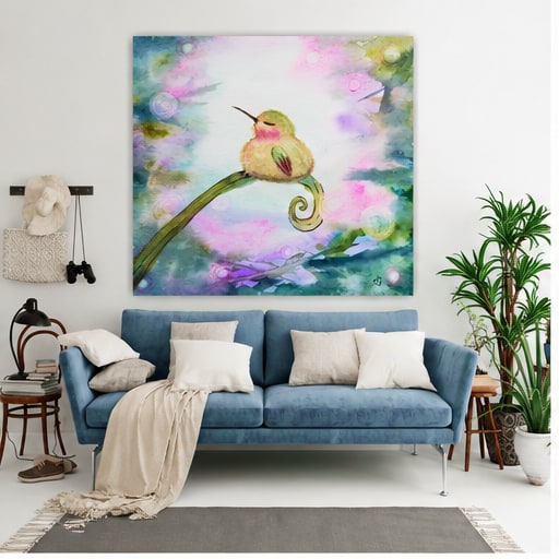 Baby hummingbird artwork above a soft blue living room sofa