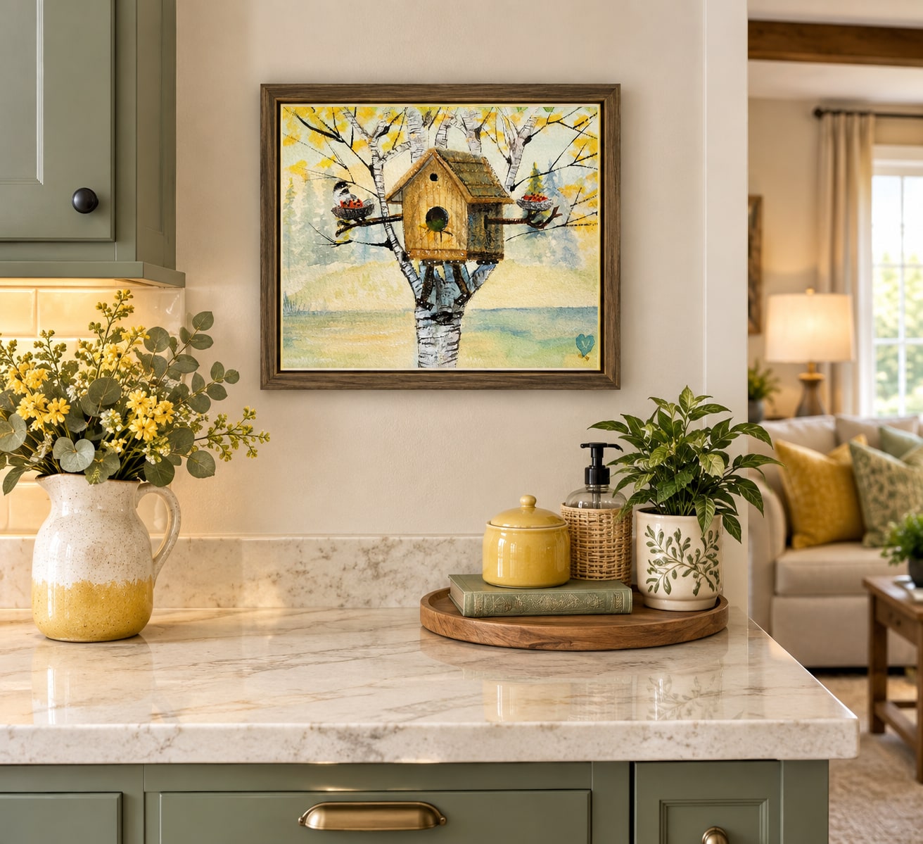 Chickadee’s Birdhouse artwork in a warm kitchen corner