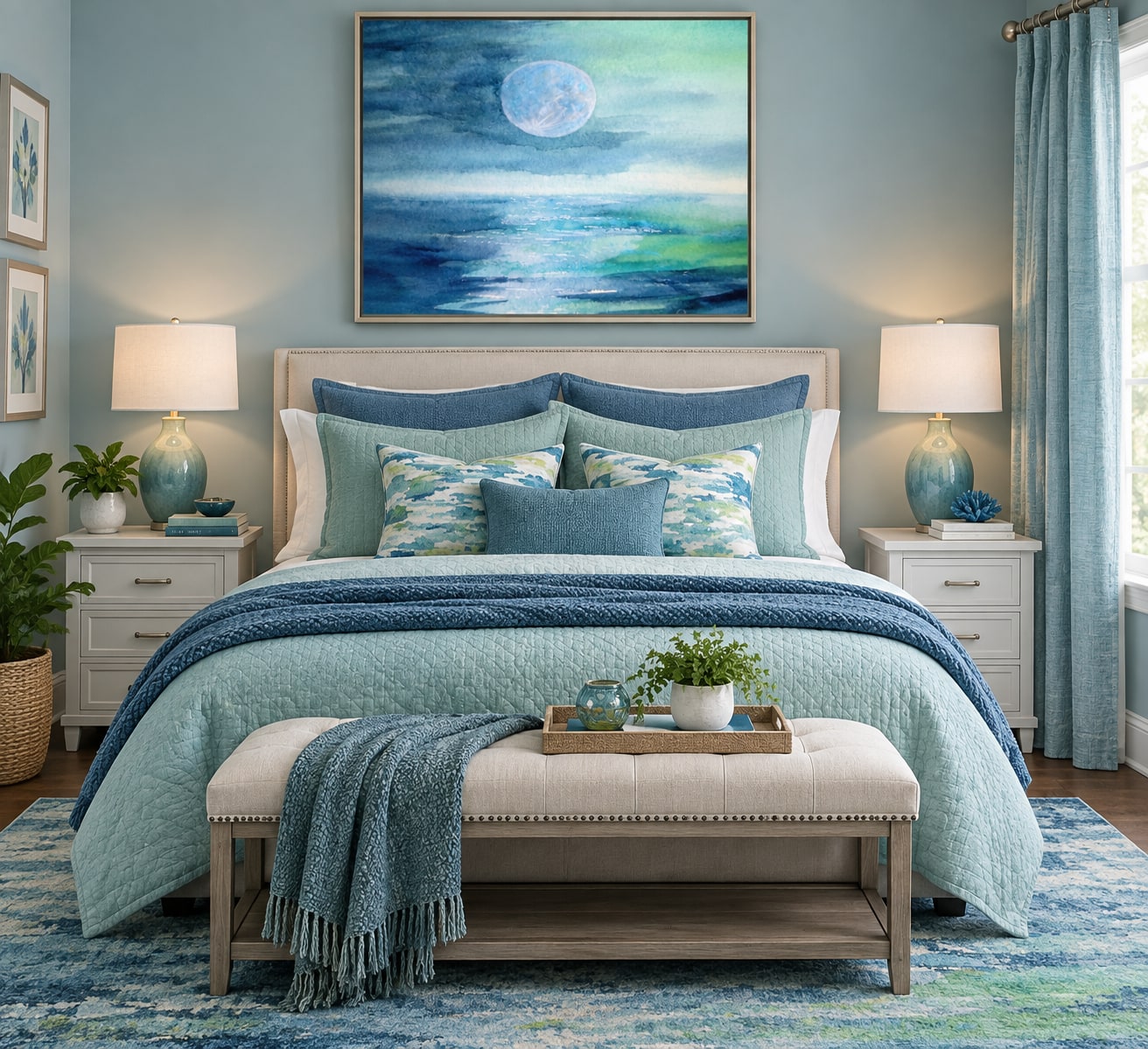 Moonlit blue artwork above a serene blue bedroom