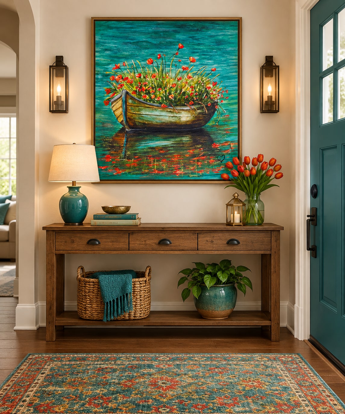 Colorful boat and poppy artwork in a welcoming entryway