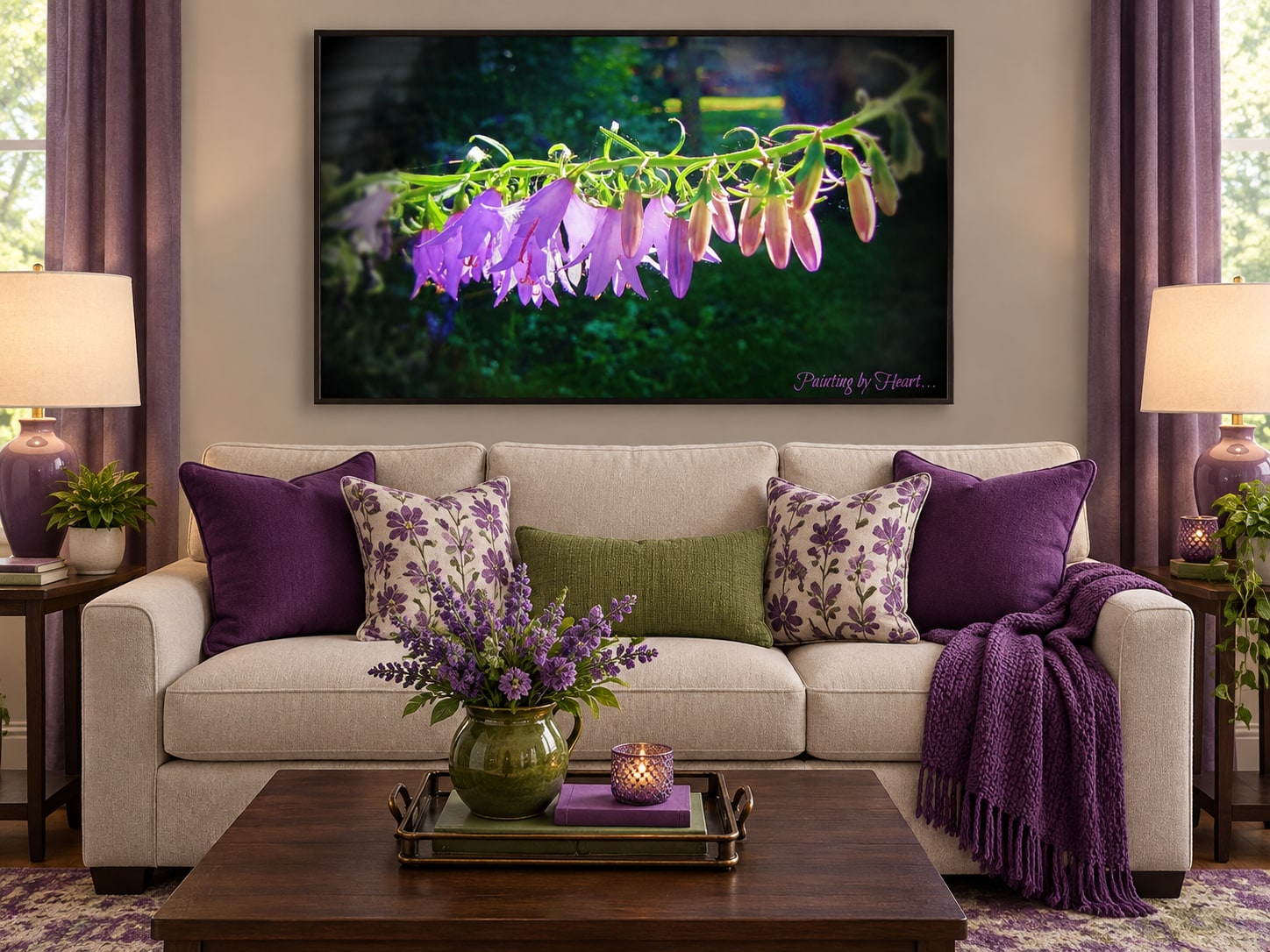 Purple flower photograph above a cozy living room sofa