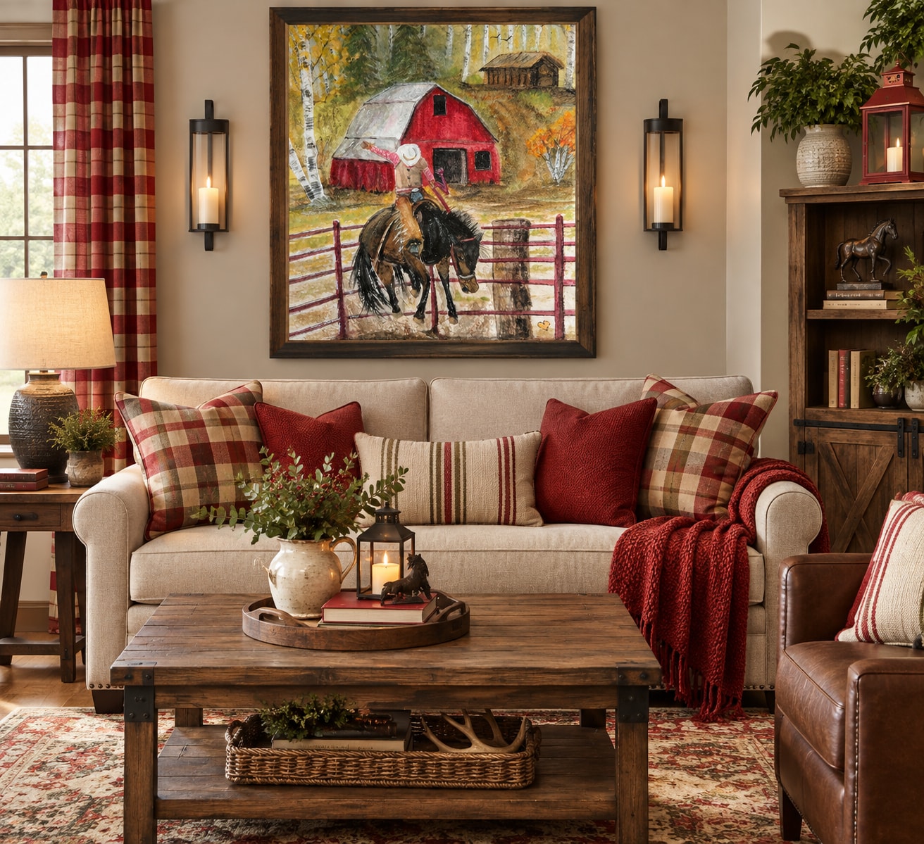 Practice for the Rodeo artwork in a warm, Western-inspired living room