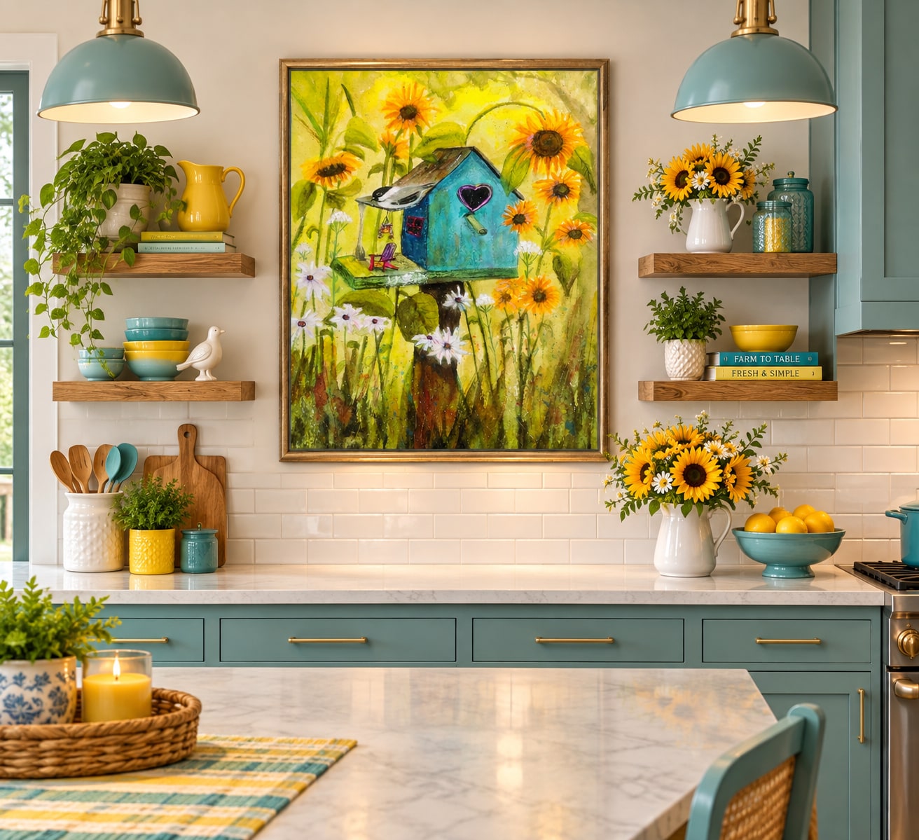 Birdhouse artwork surrounded by sunflowers in a bright kitchen