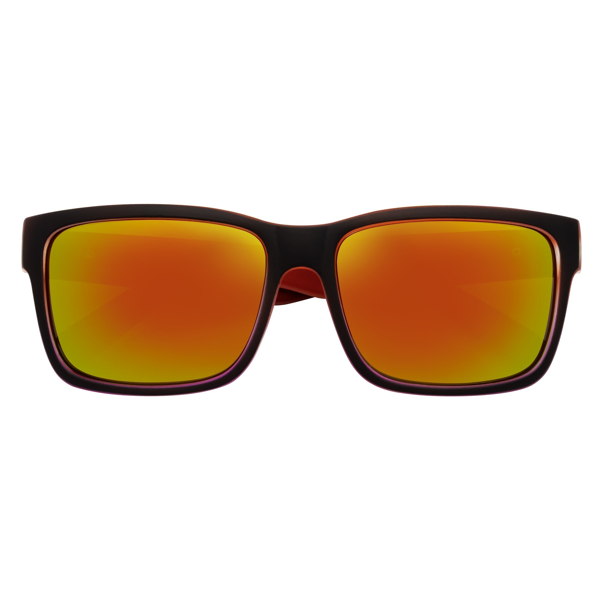 Black square sunglasses with orange mirrored lenses