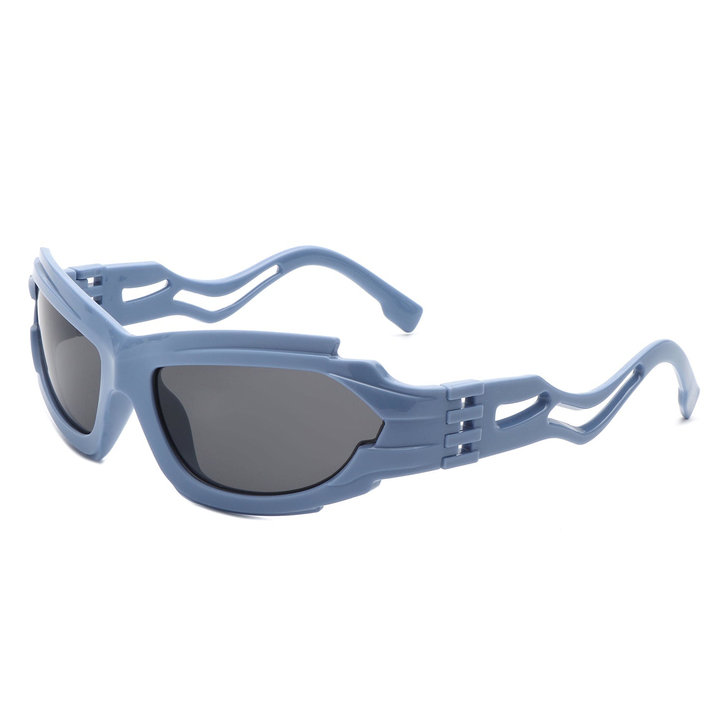 Geometric wraparound sunglasses with a dark lens