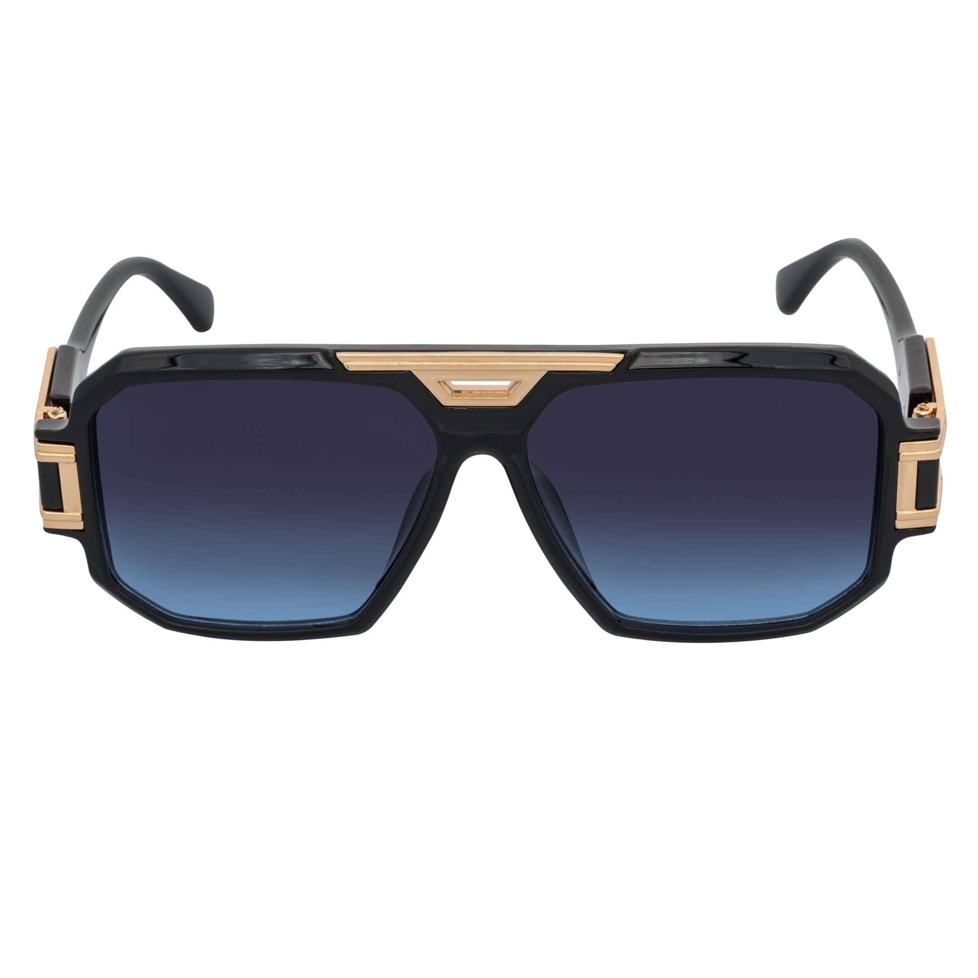 Black square sunglasses with blue lavender fade lenses