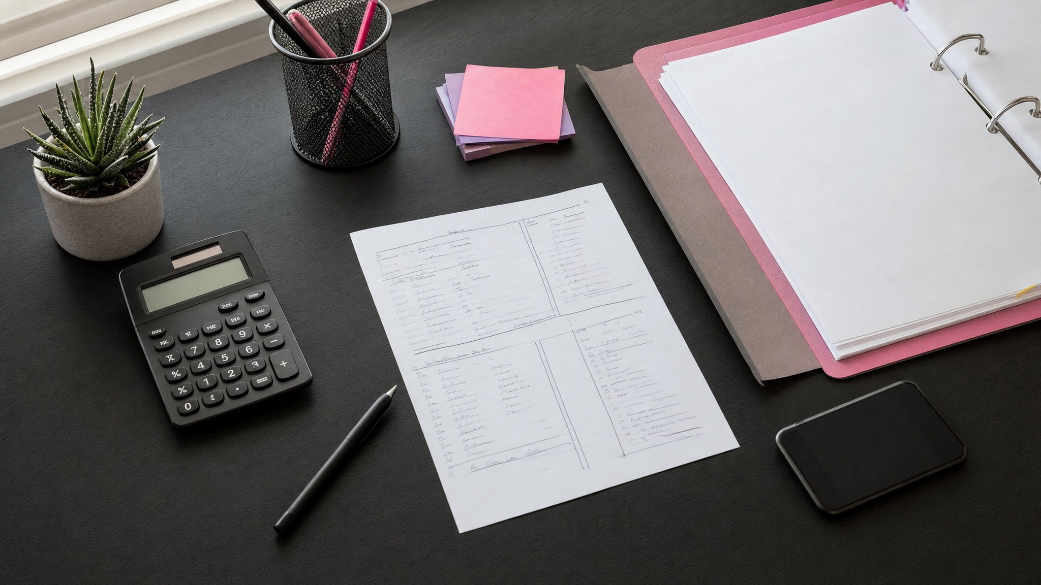 Calculator, folders, and financial notes arranged for business loan readiness