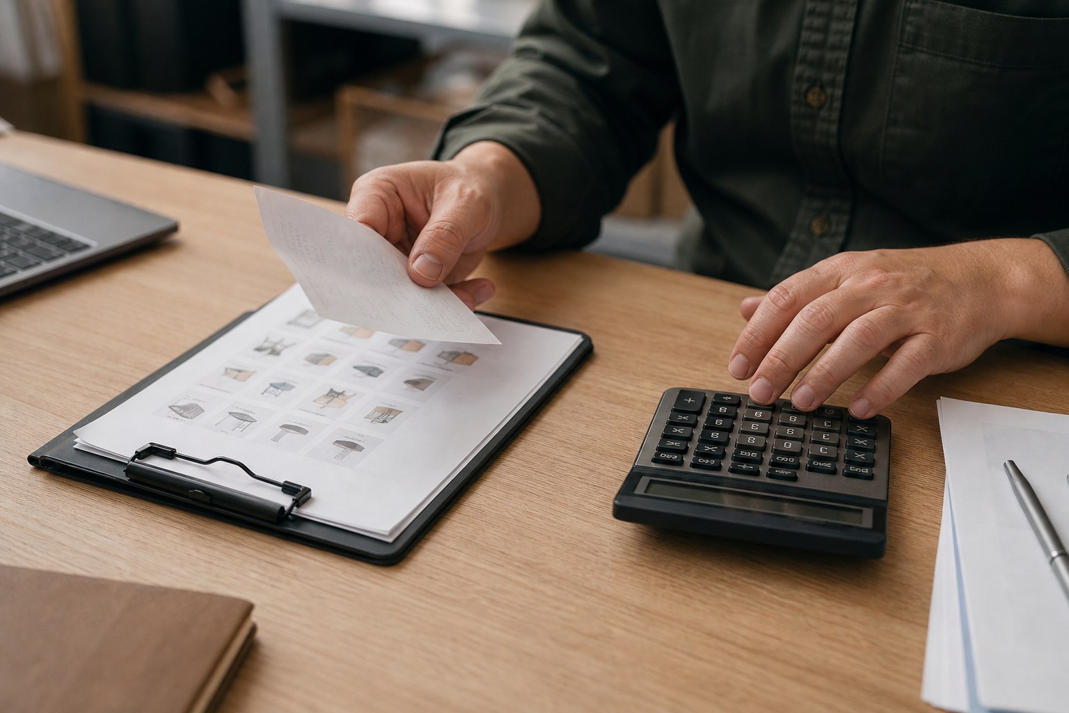 Business owner reviewing equipment records and a calculator at a worktable