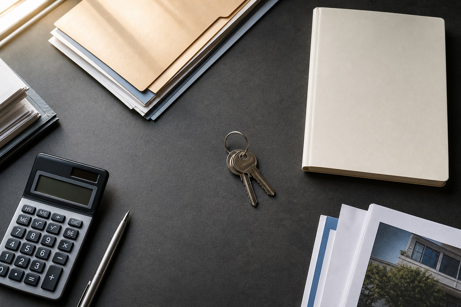 Keys, folders, calculator, and notebook arranged for a business collateral decision