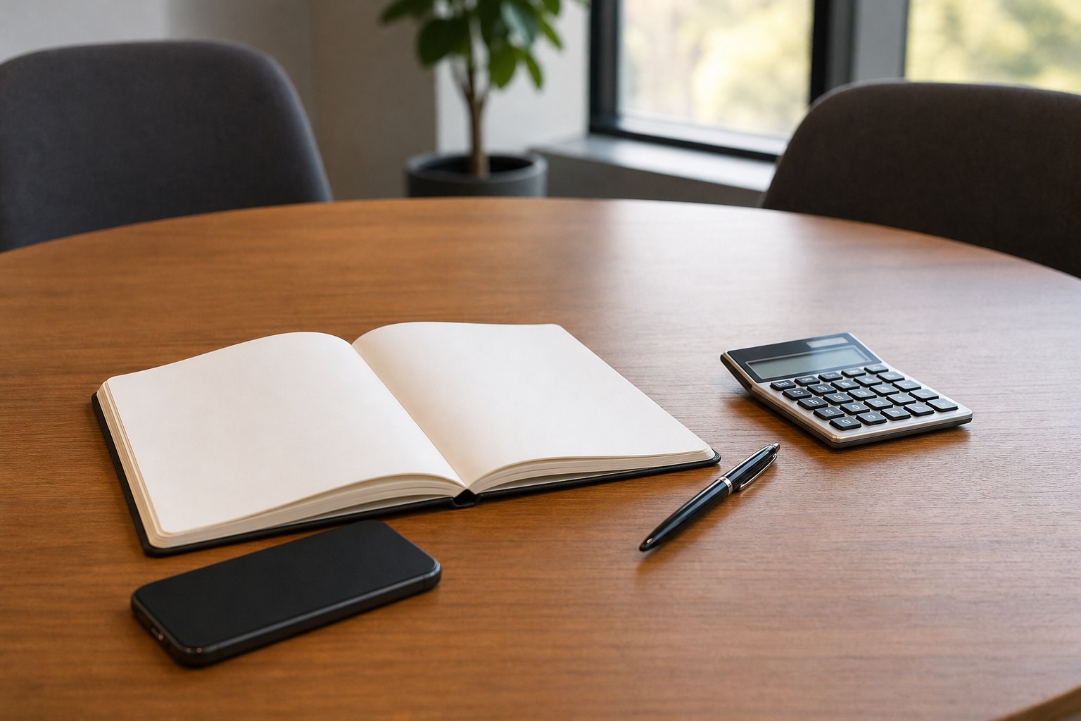 Open notebook, phone, calculator, and pen arranged for a business funding conversation