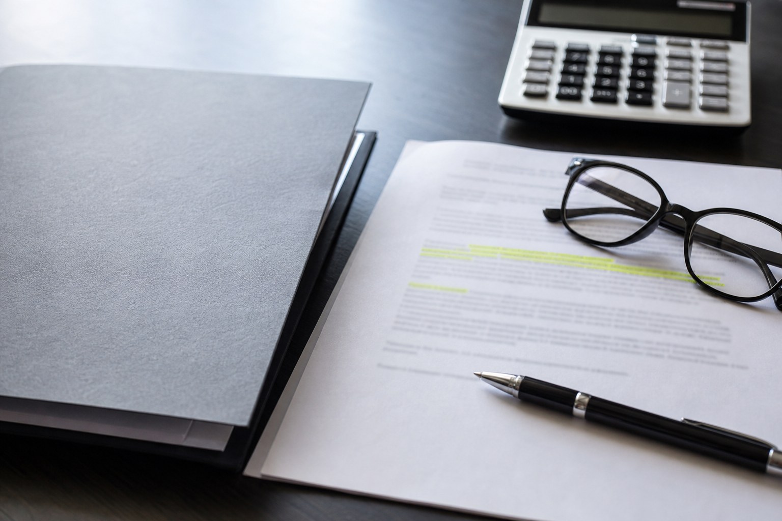 Funding agreement, calculator, glasses, and pen laid out for careful review