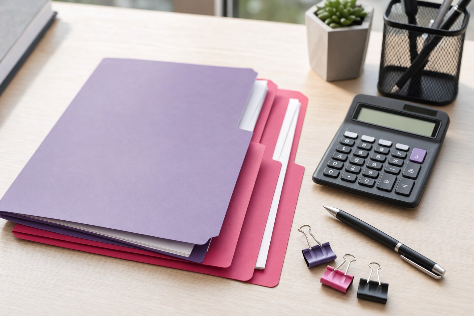 Folders, calculator, and stationery prepared for a business funding checklist