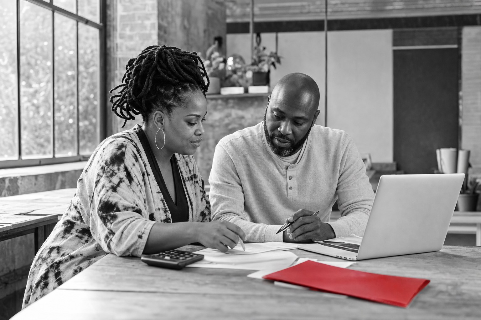 Financial documents and a calculator prepared for a business funding conversation