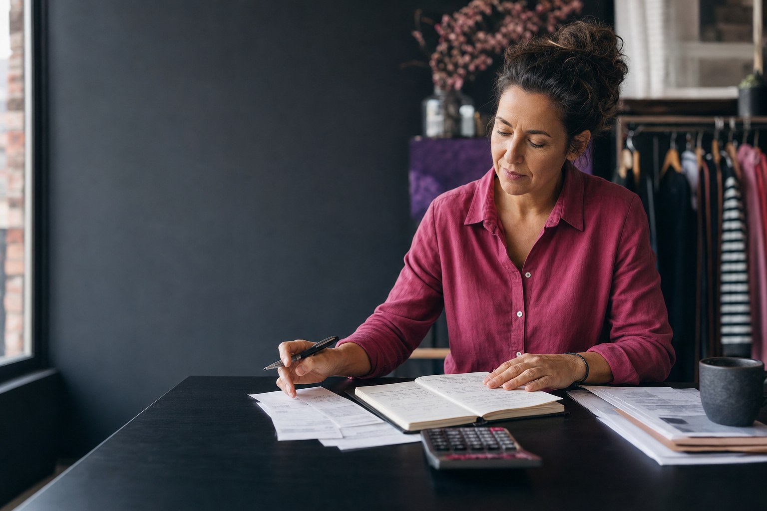 Business owner reviewing a cash-flow plan at a desk