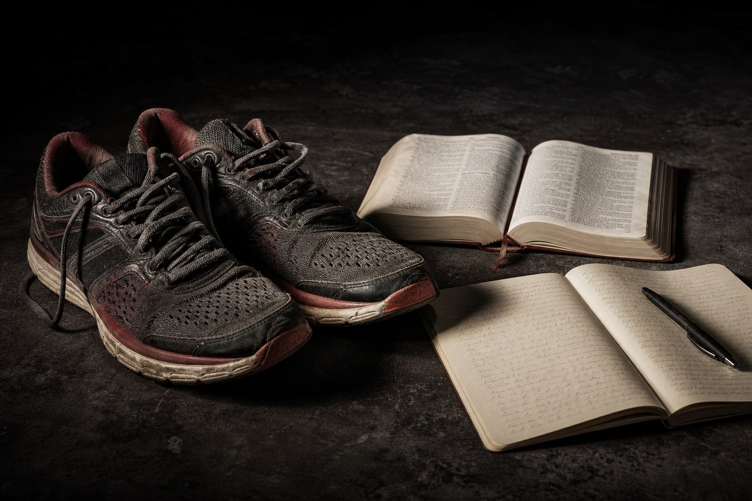 Worn training shoes, Bible, and journal on a dark floor