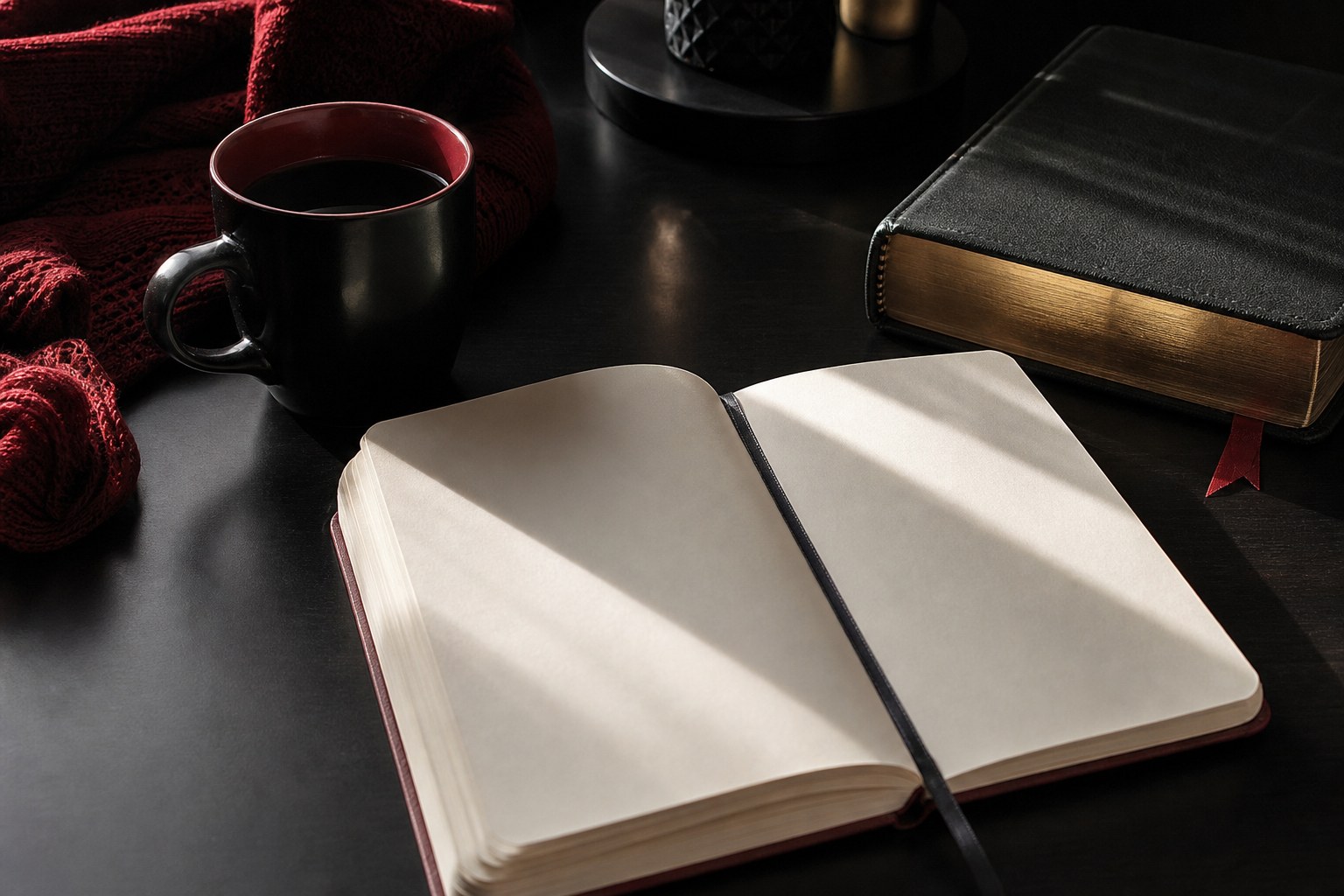 Bible, blank journal, and coffee set out for a quiet morning