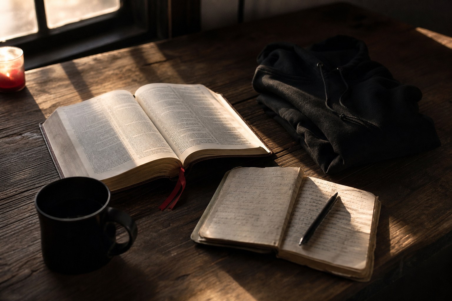 Open Bible, journal, and black hoodie in warm morning light