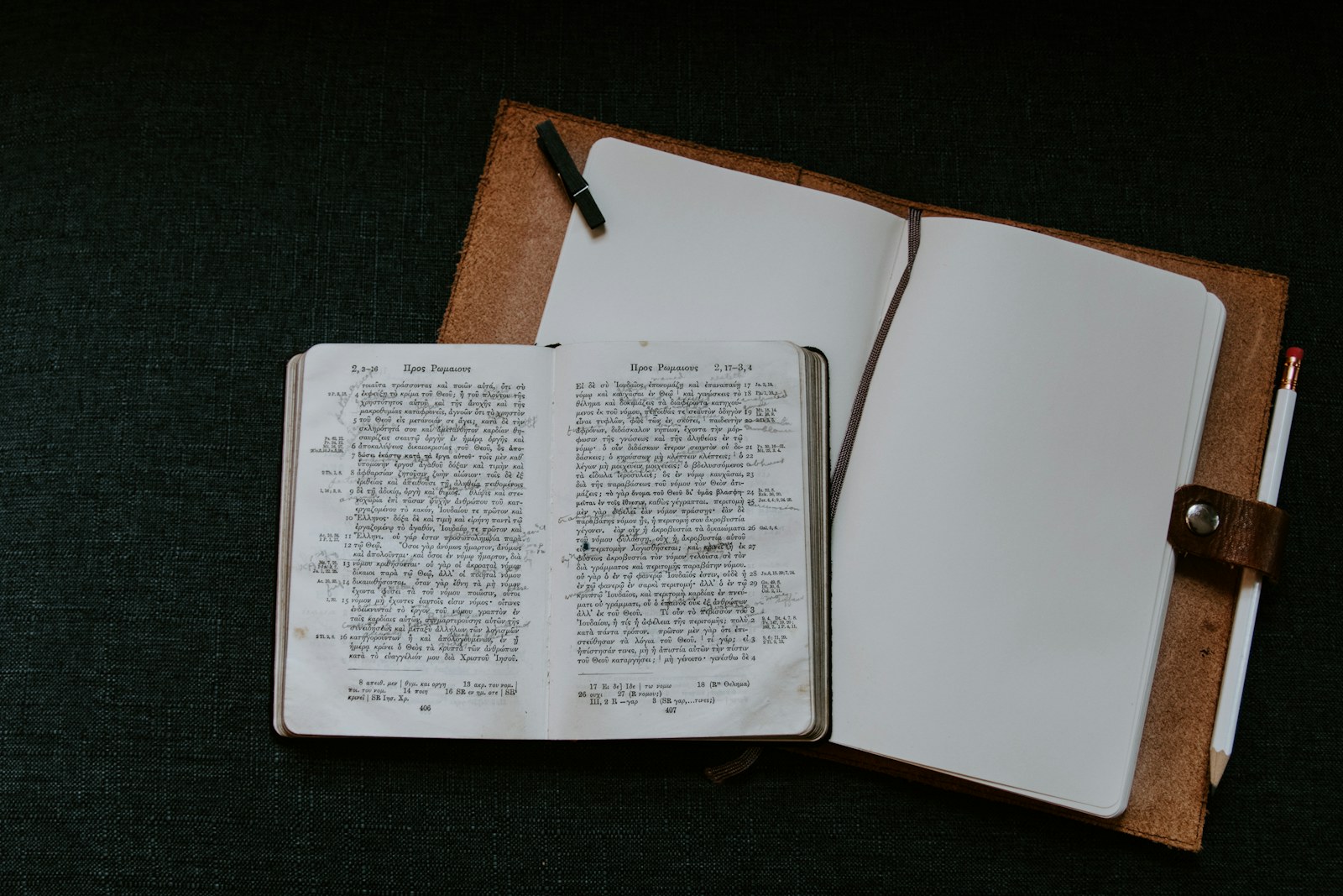 Open Bible, blank journal, and pen on a dark surface