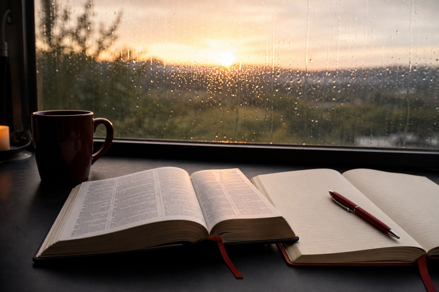 Bible and journal beside a rain-streaked window at sunrise