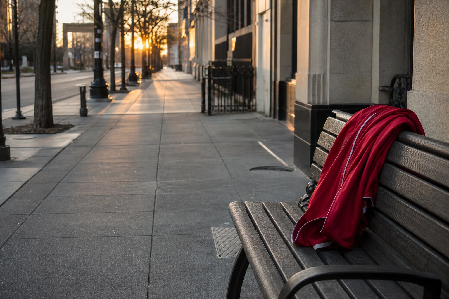 Red athletic jacket resting on a bench along an early morning sidewalk
