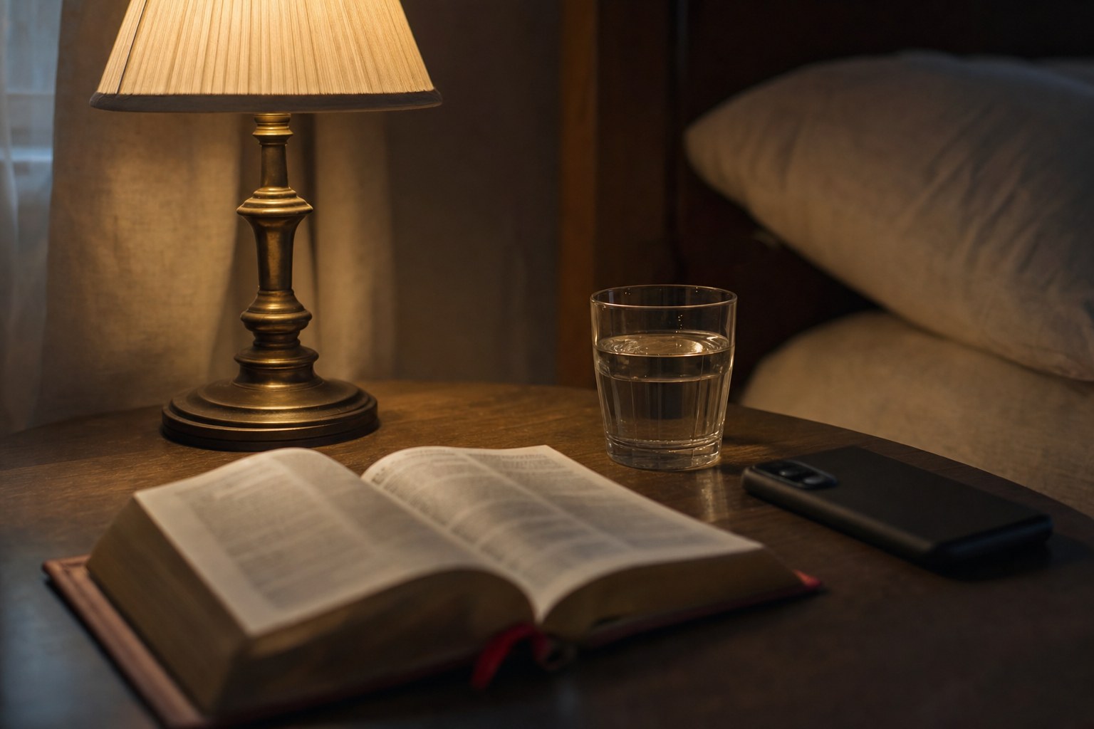 Open Bible, lamp, and glass of water on a bedside table