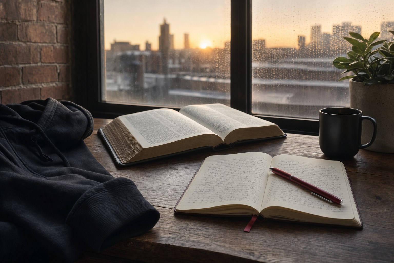 Open Bible and journal on a wooden table beside a rain-streaked window at sunrise